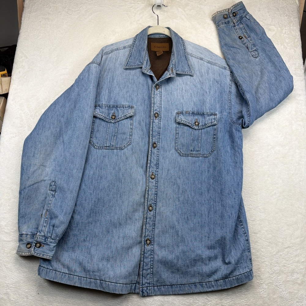 St John's Bay Men's Denim Fleece Lined Shirt Jacket Blue Workwear Large